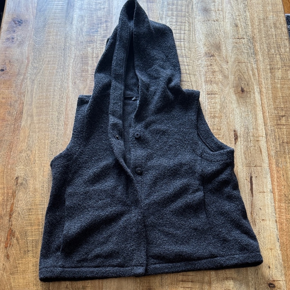 Eileen Fisher 100% wool boucle double Hooded snap front Vest dark gray NWOT